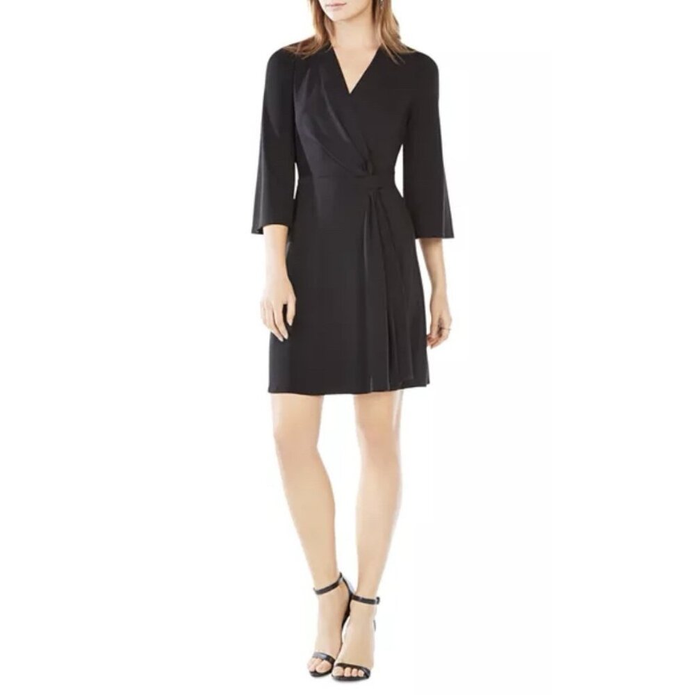 BCBGMaxAzria Dress Black Extra Small XS 0 2 4 Stretch 3/4 Sleeve Faux Wrap